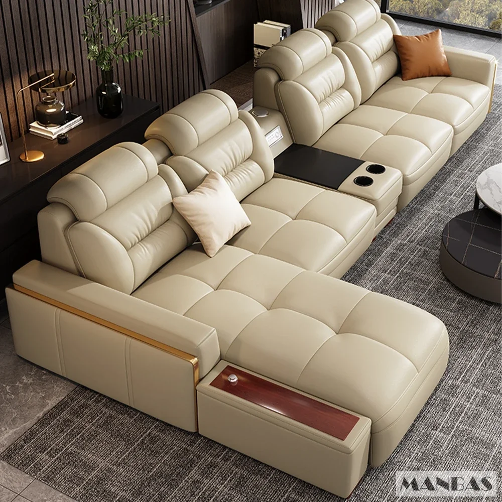 Premium Italian Genuine Leather Sectional Sofa Sets Couch Sofas with USB and Bluetooth Speaker - MANBAS Living Room Furniture - Image 12