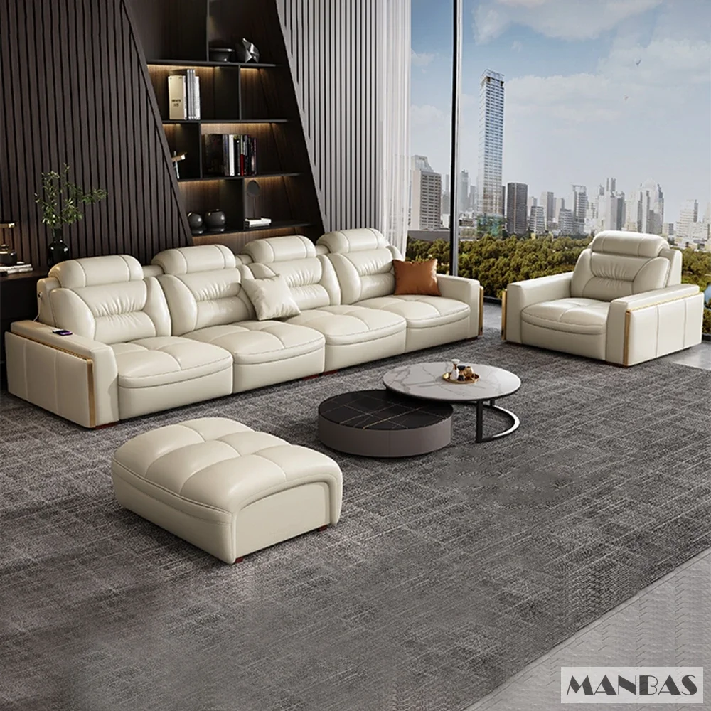 Premium Italian Genuine Leather Sectional Sofa Sets Couch Sofas with USB and Bluetooth Speaker - MANBAS Living Room Furniture - Image 3