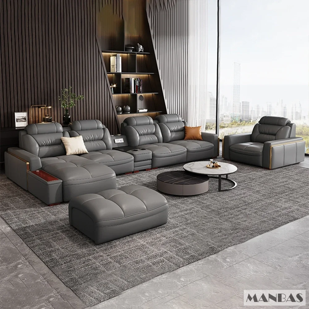 Premium Italian Genuine Leather Sectional Sofa Sets Couch Sofas with USB and Bluetooth Speaker - MANBAS Living Room Furniture - Image 8