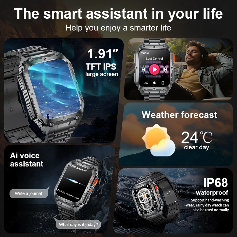 LIGE 1.91 inch HD Screen Smart Watch With Led Lighting IP68 Waterproof Outdoor Sports Health Monitor Smartwatch For Android IOS - Image 6