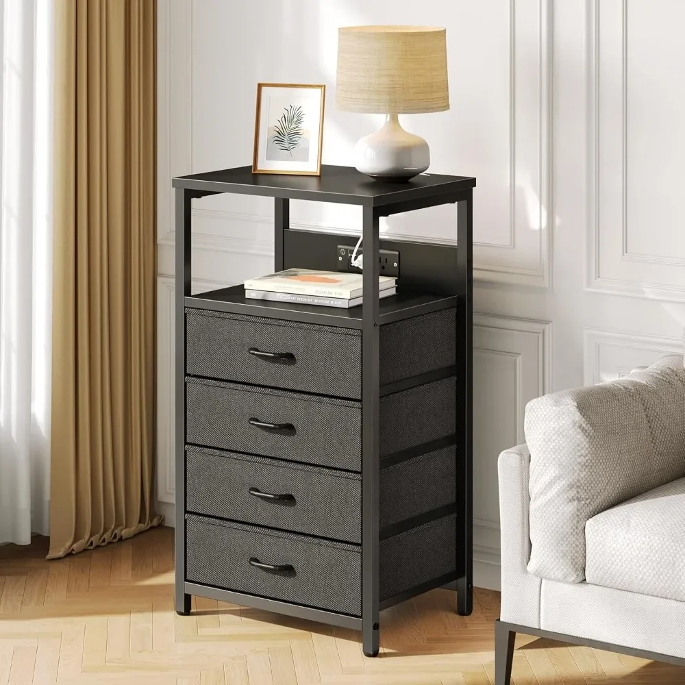 Night Stand with Charger Station and LED Light Black Nightstand with Drawers Bedside Table Tall Nightstand 4 Fabric Drawers