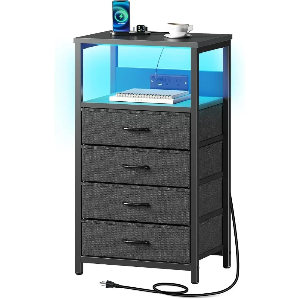 Night Stand with Charger Station and LED Light Black Nightstand with Drawers Bedside Table Tall Nightstand 4 Fabric Drawers - Image 6
