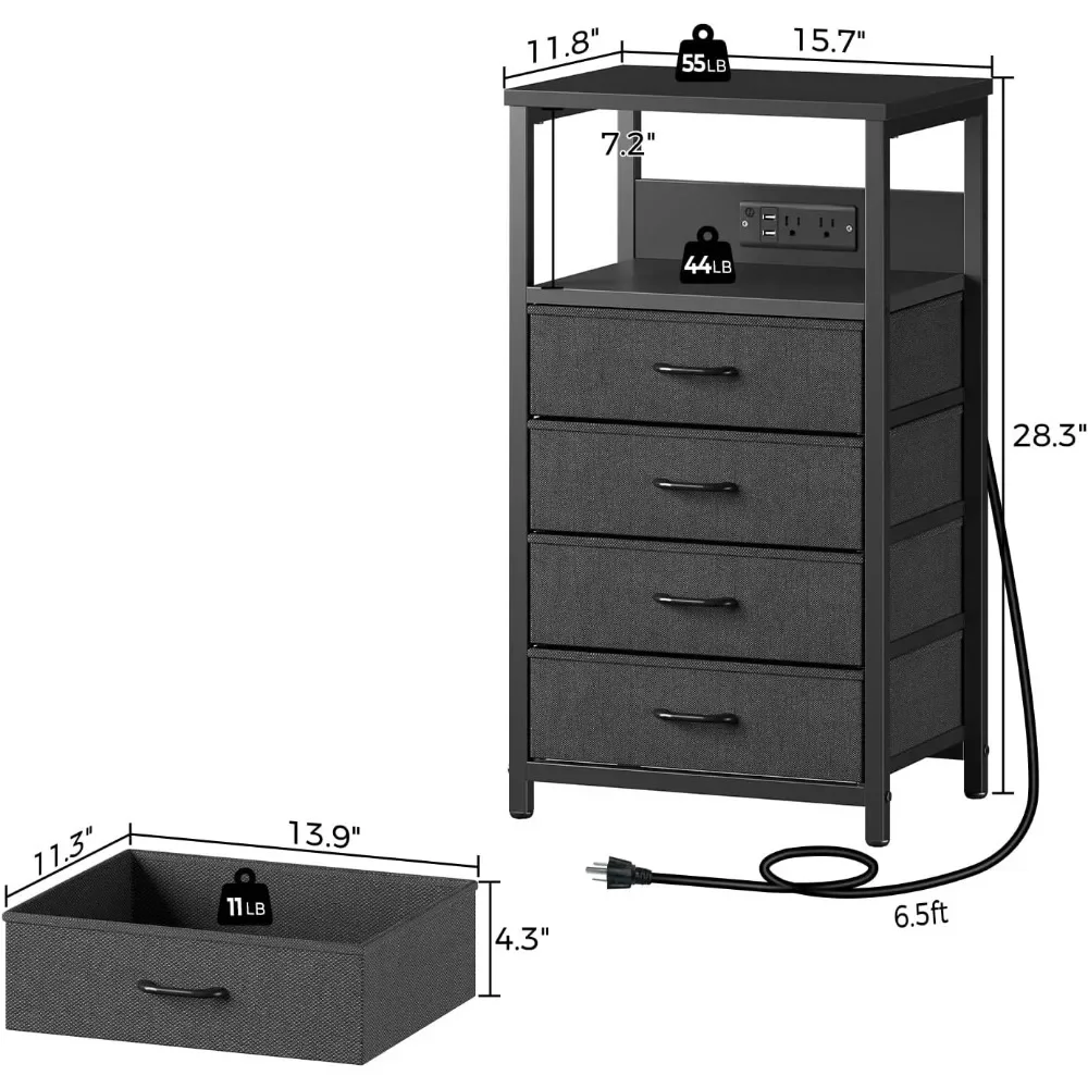 Night Stand with Charger Station and LED Light Black Nightstand with Drawers Bedside Table Tall Nightstand 4 Fabric Drawers - Image 5