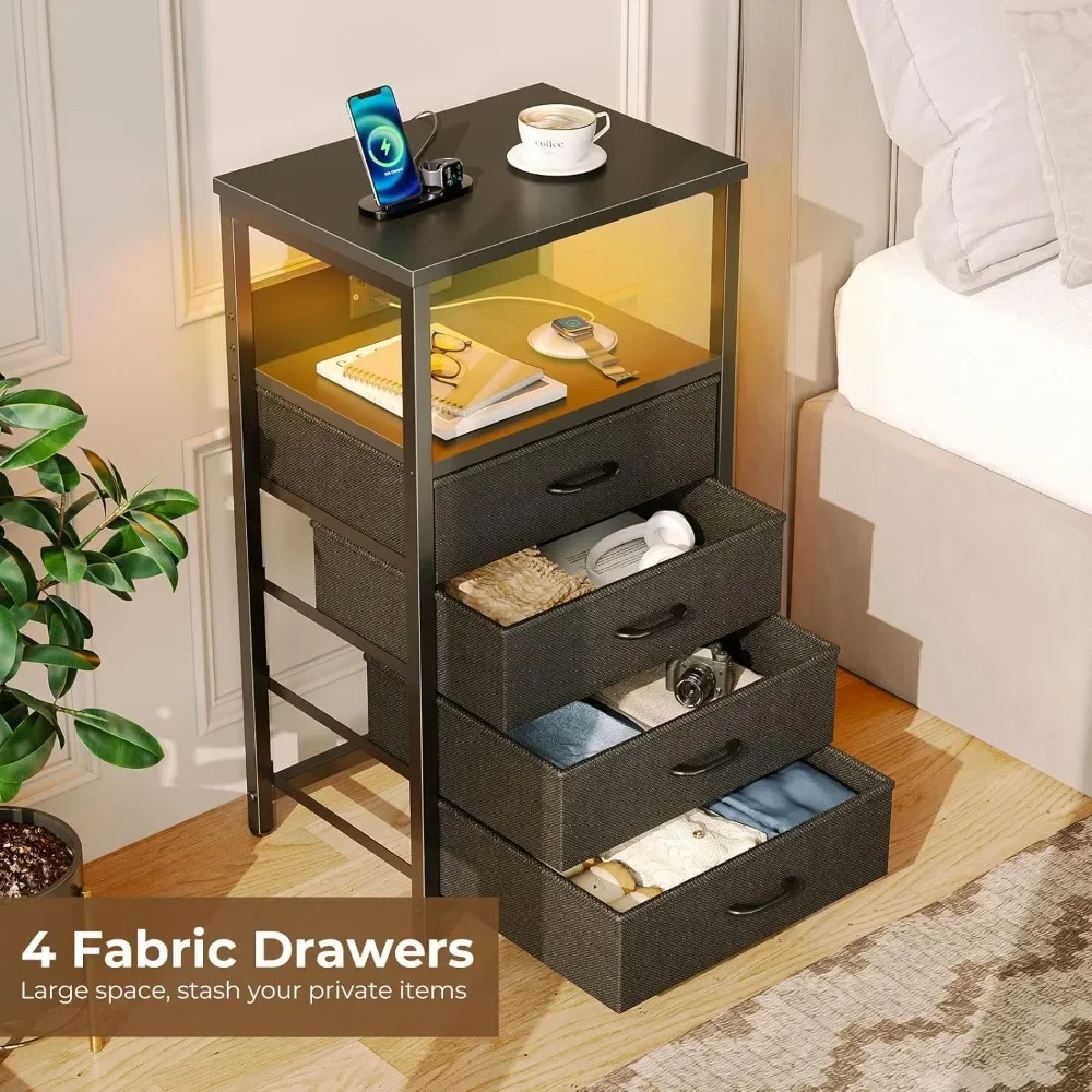Night Stand with Charger Station and LED Light Black Nightstand with Drawers Bedside Table Tall Nightstand 4 Fabric Drawers - Image 4