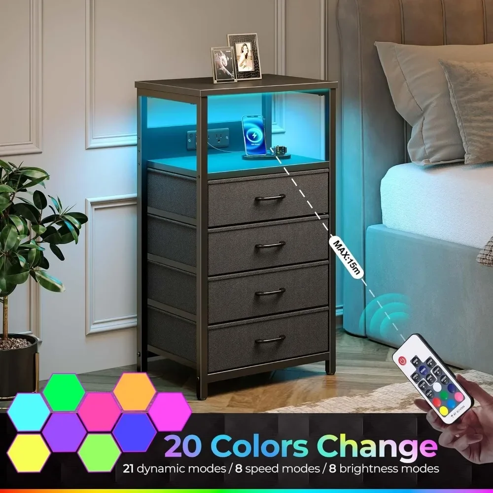 Night Stand with Charger Station and LED Light Black Nightstand with Drawers Bedside Table Tall Nightstand 4 Fabric Drawers - Image 3