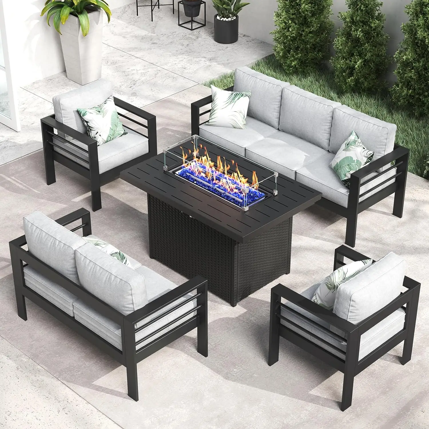QLayinSun Aluminum Furniture with Fire Pit Table, 5 Pieces Patio Sectional Conversation Chat Sofa Modern Seating Set - Image 17