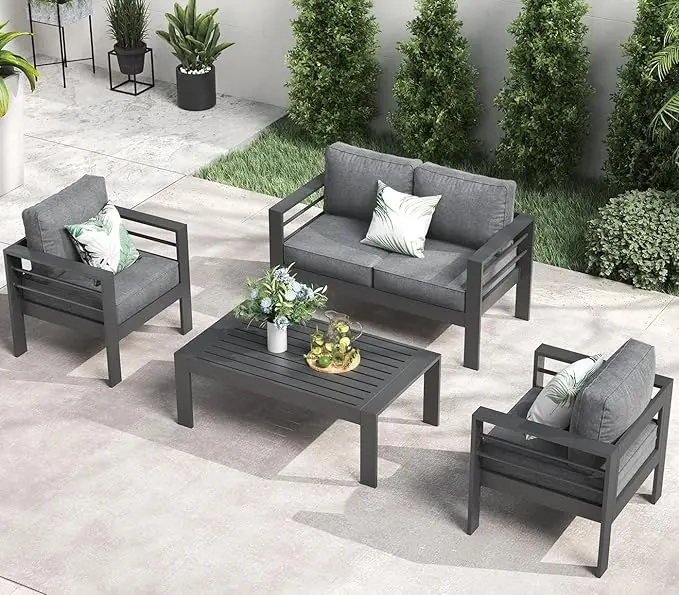 QLayinSun Aluminum Furniture with Fire Pit Table, 5 Pieces Patio Sectional Conversation Chat Sofa Modern Seating Set - Image 18