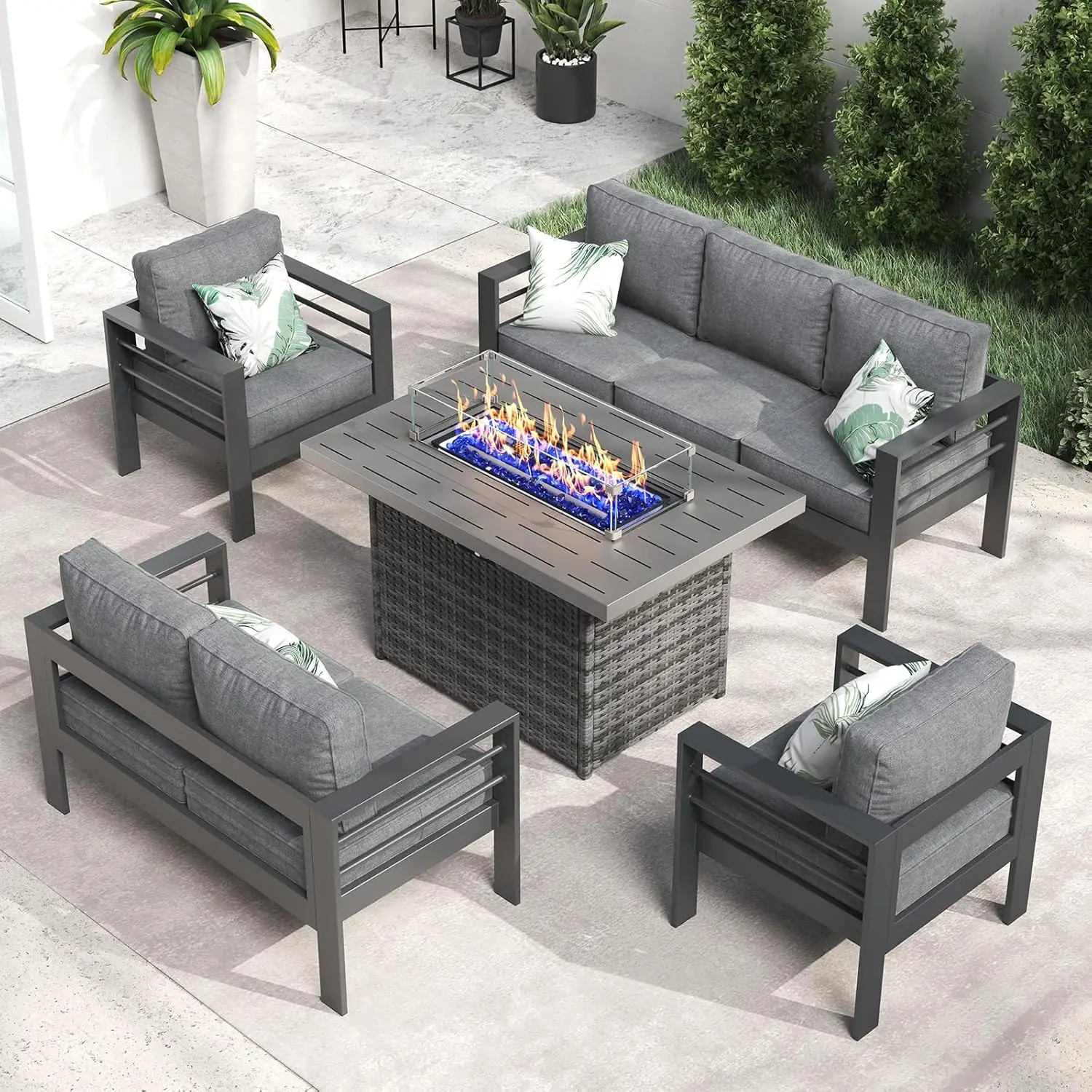 QLayinSun Aluminum Furniture with Fire Pit Table, 5 Pieces Patio Sectional Conversation Chat Sofa Modern Seating Set - Image 19