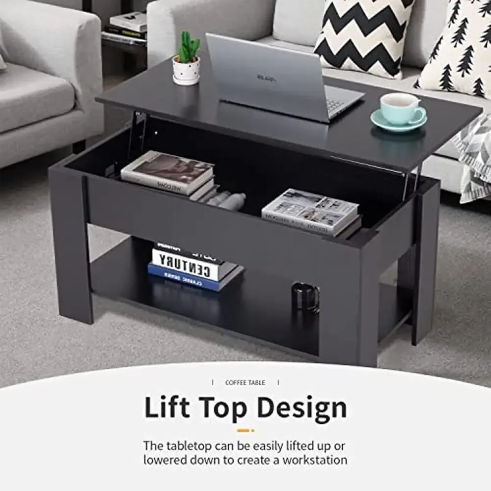 Modern Lift Top Coffee Table Hidden Compartment Storage Shelf Wooden Living Room Office P2 MDF 39"x28"x24" Black - Image 4