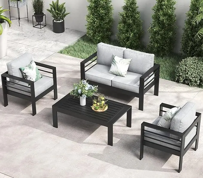 QLayinSun Aluminum Furniture with Fire Pit Table, 5 Pieces Patio Sectional Conversation Chat Sofa Modern Seating Set - Image 16
