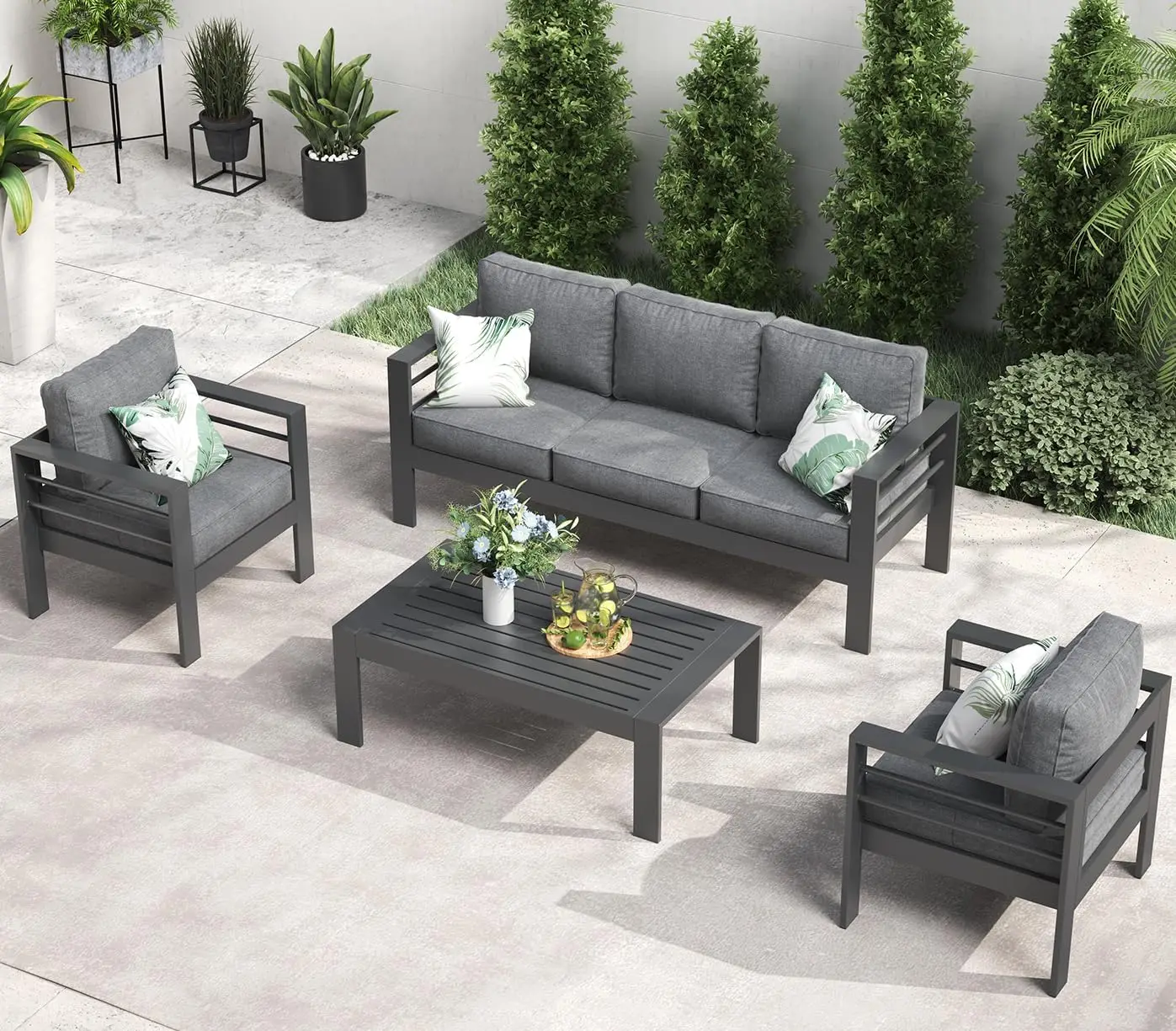 QLayinSun Aluminum Furniture with Fire Pit Table, 5 Pieces Patio Sectional Conversation Chat Sofa Modern Seating Set - Image 9