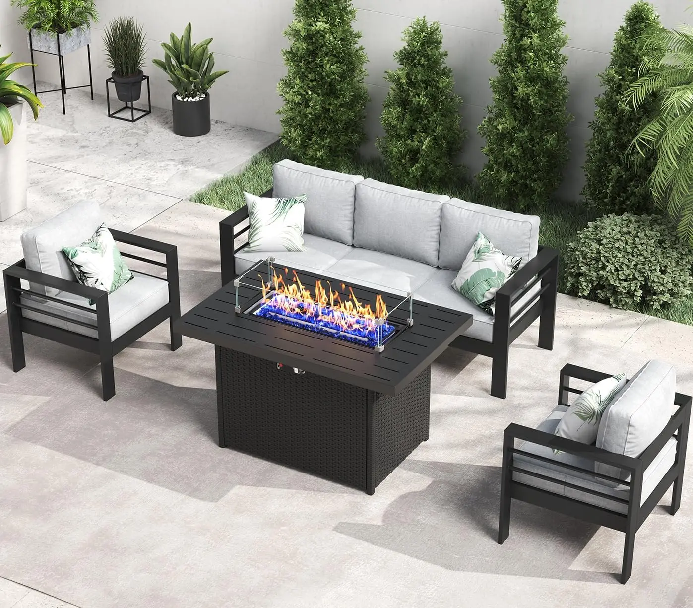 QLayinSun Aluminum Furniture with Fire Pit Table, 5 Pieces Patio Sectional Conversation Chat Sofa Modern Seating Set - Image 12