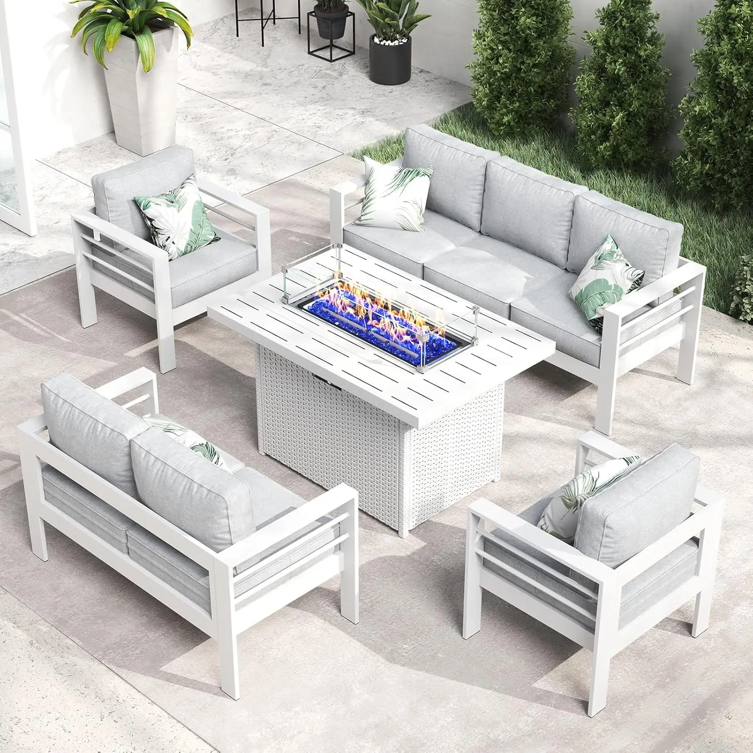 QLayinSun Aluminum Furniture with Fire Pit Table, 5 Pieces Patio Sectional Conversation Chat Sofa Modern Seating Set - Image 20