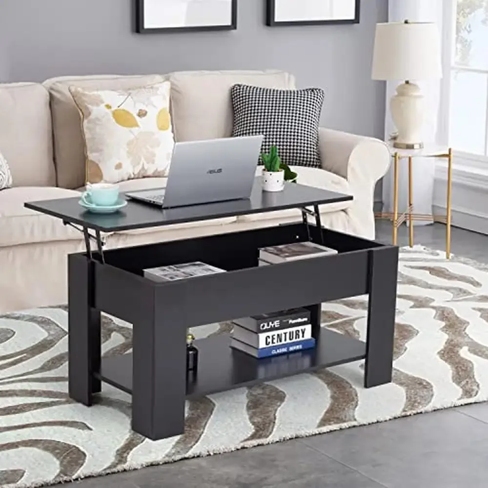 Modern Lift Top Coffee Table Hidden Compartment Storage Shelf Wooden Living Room Office P2 MDF 39"x28"x24" Black - Image 2
