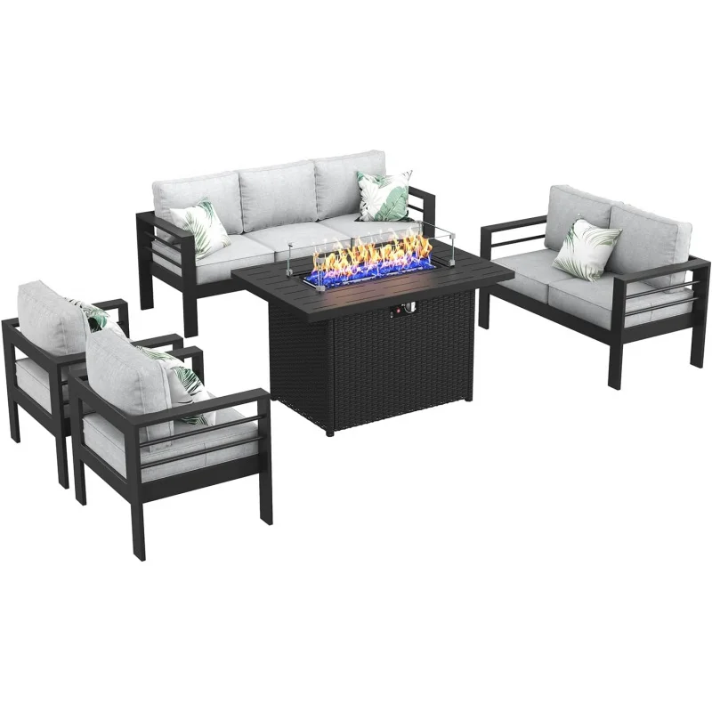 QLayinSun Aluminum Furniture with Fire Pit Table, 5 Pieces Patio Sectional Conversation Chat Sofa Modern Seating Set - Image 2