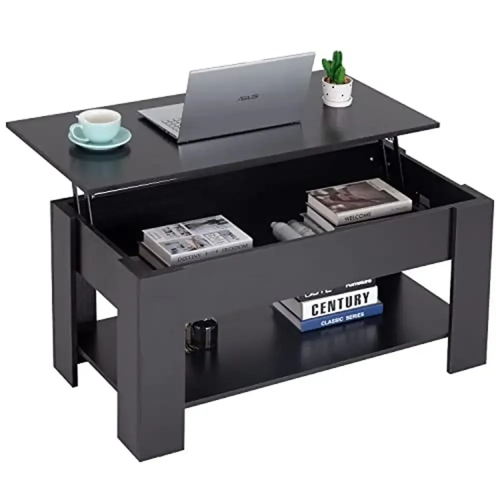 Modern Lift Top Coffee Table Hidden Compartment Storage Shelf Wooden Living Room Office P2 MDF 39"x28"x24" Black