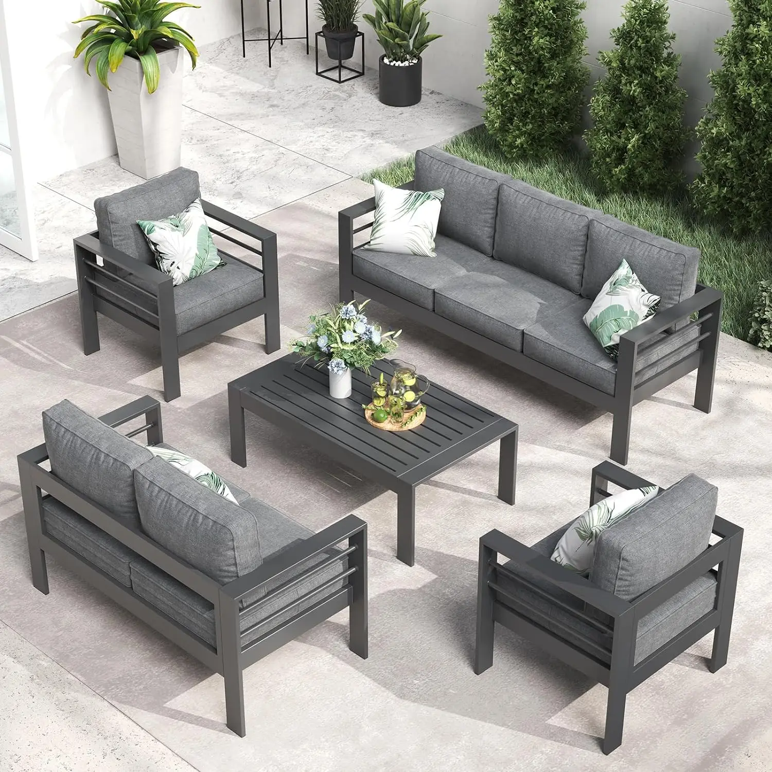QLayinSun Aluminum Furniture with Fire Pit Table, 5 Pieces Patio Sectional Conversation Chat Sofa Modern Seating Set - Image 14