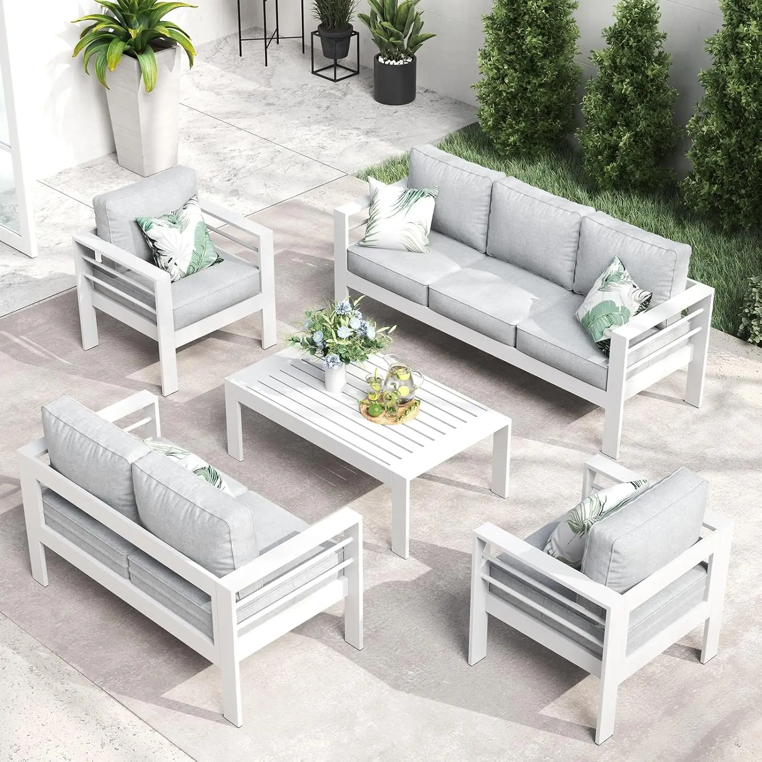 QLayinSun Aluminum Furniture with Fire Pit Table, 5 Pieces Patio Sectional Conversation Chat Sofa Modern Seating Set - Image 15