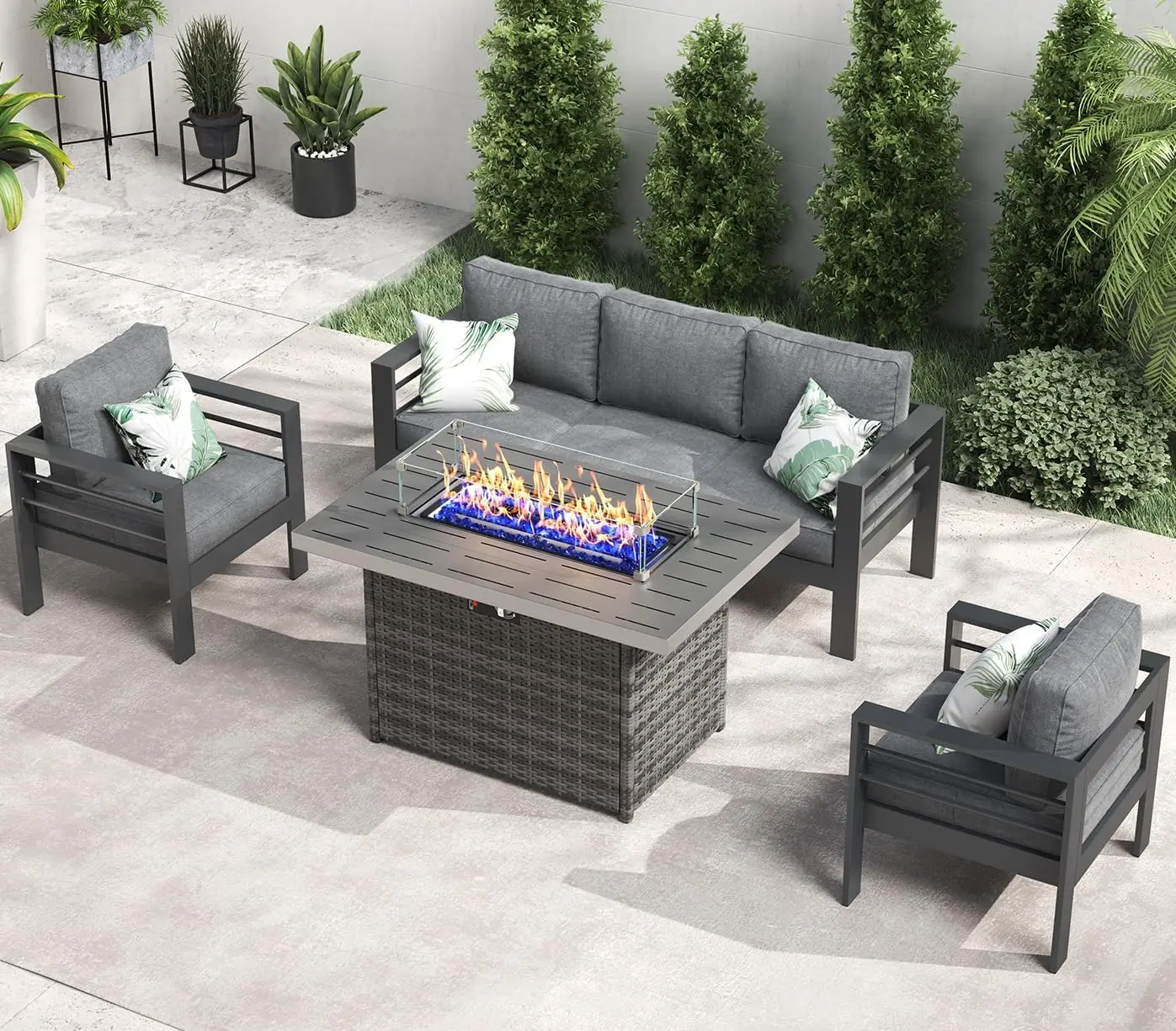 QLayinSun Aluminum Furniture with Fire Pit Table, 5 Pieces Patio Sectional Conversation Chat Sofa Modern Seating Set - Image 13