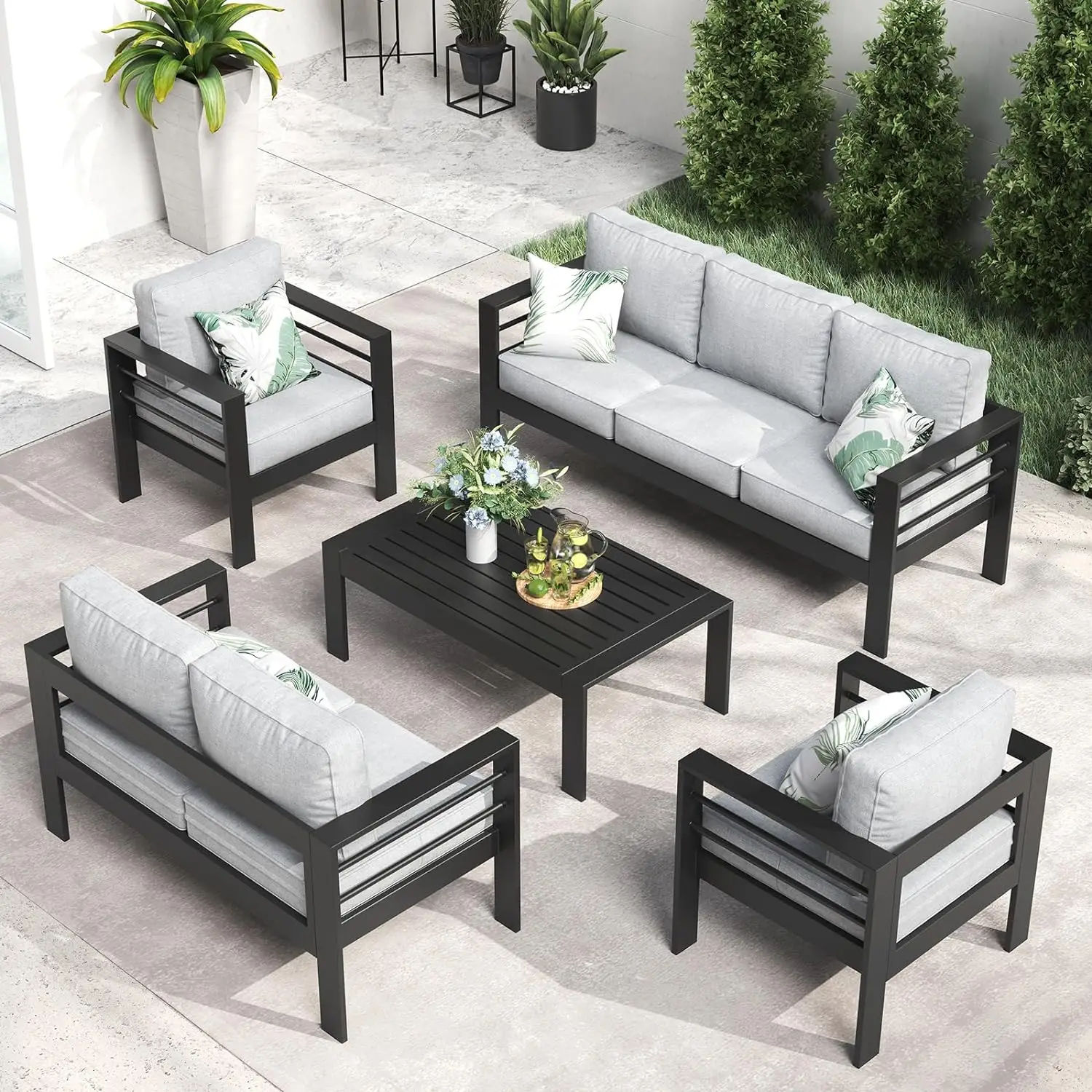 QLayinSun Aluminum Furniture with Fire Pit Table, 5 Pieces Patio Sectional Conversation Chat Sofa Modern Seating Set - Image 21
