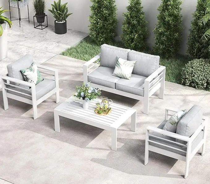 QLayinSun Aluminum Furniture with Fire Pit Table, 5 Pieces Patio Sectional Conversation Chat Sofa Modern Seating Set - Image 11